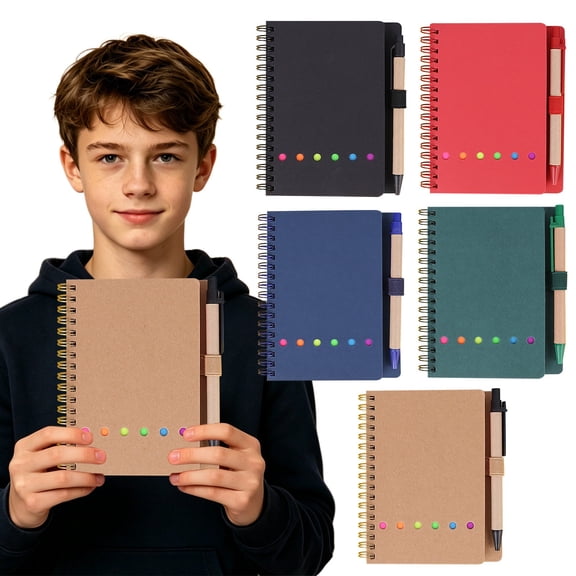 1 Pack Kraft Hardcover 5.9in Index Tab Spiral Journal, Complete Notebook Set With Matching Pen & Color Sticky Index Tabs, Travel Pocket Organizer For Note Taking & Task Tracking