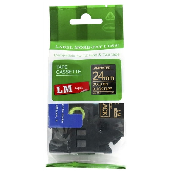 1/Pack LM Tapes - Premium 1" Gold Print on Black Label (24mm 0.94 Laminated) Compatible with TZe-354 P-touch Tape and comes with a great Tape Color/Size Guide for easy reordering.