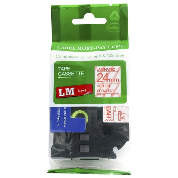 1/Pack LM Tapes - Premium 1" Red Print on Clear Label (24mm 0.94 Laminated) Compatible with TZe-152 P-touch Tape and comes with a great Tape Color/Size Guide for easy reordering.