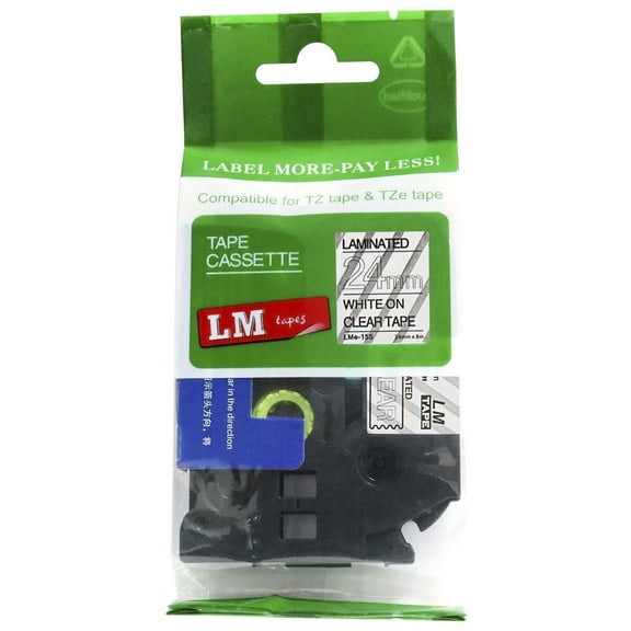 1/Pack LM Tapes - Premium 1" White Print on Clear Label (24mm 0.94 Laminated) Compatible with TZe-155 P-touch Tape and comes with a great Tape Color/Size Guide for easy reordering.