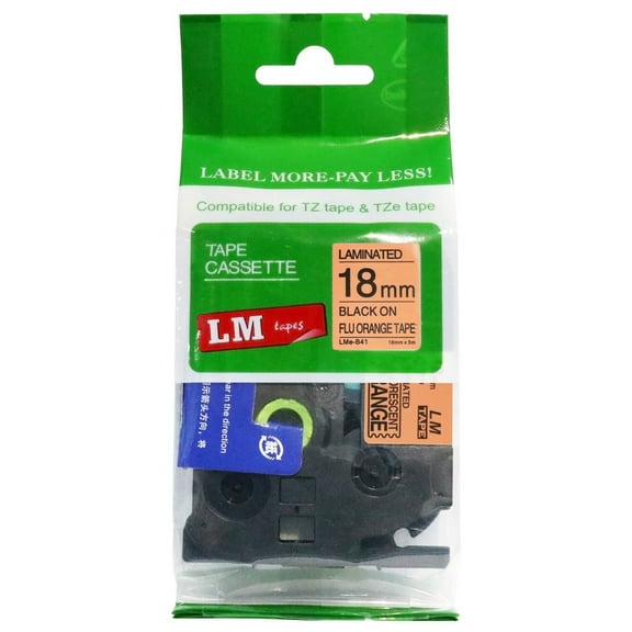 1/Pack LM Tapes - Premium 3/4" Black Print on Bright Orange Label Compatible with TZe-B41 P-touch Tape and comes with a great Tape Color/Size Guide for easy reordering. 18mm 0.7 Laminated