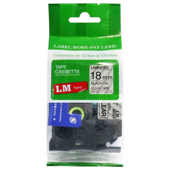 1/Pack LM Tapes - Premium 3/4" Black Print on Clear Label Compatible with TZe-141 P-touch Tape and comes with a great Tape Color/Size Guide for easy reordering. 18mm 0.7 Laminated