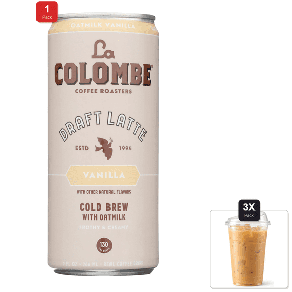 1 Pack | La Colombe Oatmilk Draft Latte, Plant-Based, Dairy-Free, Grab And Go Coffee, Vanilla, 9 Fl.Oz & 3x 16oz Plastic Cup with Strawless Sip-Lid