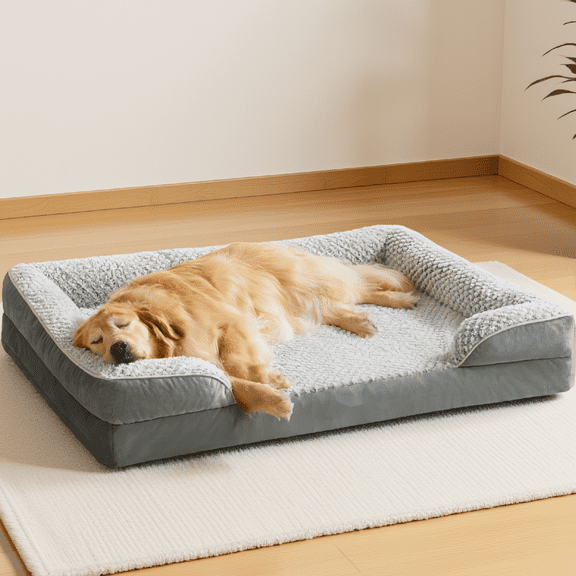 1-Pack Large Dog Bed with Egg Crate Foam, C-Shape Bolster, Waterproof Removable Cover, Anti-Slip Bottom, 36x27 In, Grey