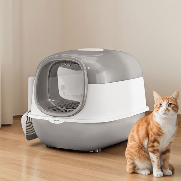 1 Pack Large Open Top Cat Litter Box with Scoop, Thick-Walled Easy-Access Design, Gray