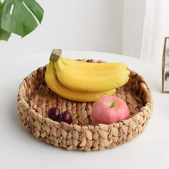 1 Pack Large Woven Round Fruit Tray, 13x13x2.3 Inch Water Hyacinth Woven for Vegetable, Bread, Fruit, Arts and Crafts 100% Handmade Baskets, Light Brown