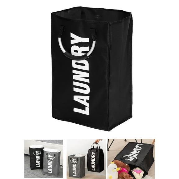 38L Laundry Basket Storage Bag with Aluminum Alloy Handle, Folding Washing Bin Basket Freestanding Foldable Clothes Hamper Collapsible for Bathroom Bedroom Closet College Camper Travel, Black