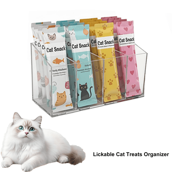 1 Pack Lickable Cat Treats Organizer, Countertop Acrylic Treat Storage Holder, Squeeze Up Cat Food Storage Container with Removable Dividers, Wet Cat Treat holder for Kitchen Cabinet Pantry Shelf
