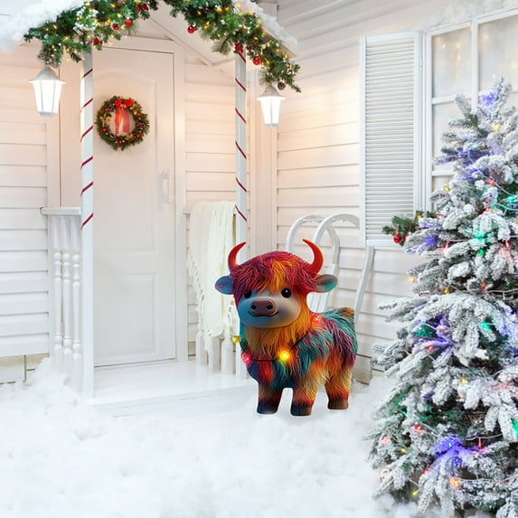 1 Pack Light Up Highland Cow Stake, Acrylic Garden Sign with String Light, 12.2x10.2 inch, Outdoor Farm Animal Yard Decoration, Christmas Holiday Lawn Ornament, Multicolor, Acrylic