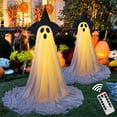thumbnail image 1 of 1 Pack Light Up Standing Ghost Halloween Yard Decor with Remote, Witch Hat White Fabric Ghost Porch Lawn Lights, Tall Spooky Ghost Outdoor Halloween Decorations,A, 1 of 6