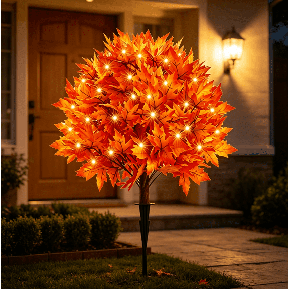 1 Pack Lighted Maple Topiary Trees with Stakes, 27" UV Resistant Artificial Outdoor Plants with Orange Maple Leaves,LED Light Autumn Fake Plant for Garden,Halloween & Thanksgiving Decor