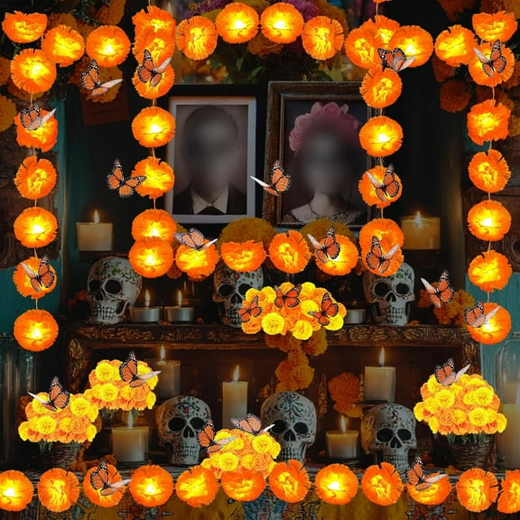 Natonhi 1 Pack 20 Marigold Garland Day Of The Dead Decorations Marigold Flowers String Lights