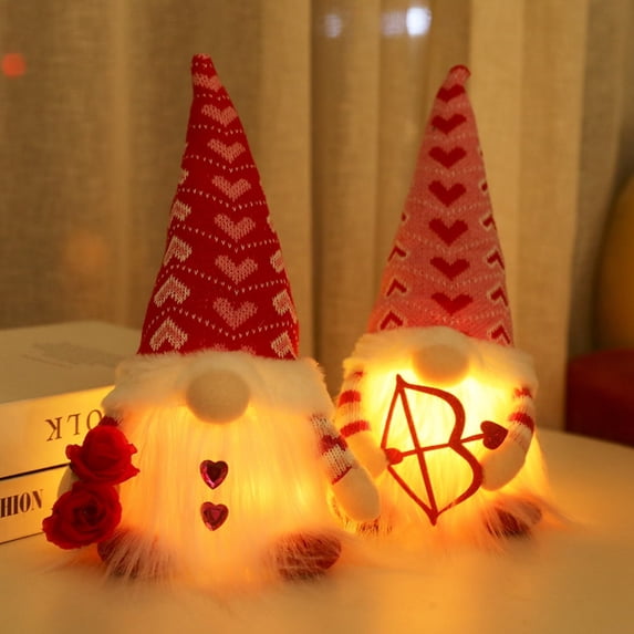 1 Pack Lighted Valentines Gnomes Plush Doll, Handmade Mini Scandinavian Swedish Tomte, Light Up Elf Toy Holiday, Battery Operated Valentine's Day Gift Tabletop Ornament