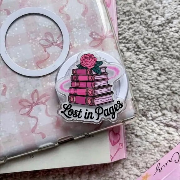1 Pack Lost in Pages Magnetic Phone Grip, Pink Aesthetic Bookish Phone Grip, Floral Book Stack Phone Stand, Literature Lover Accessory, Cozy Reader Gift