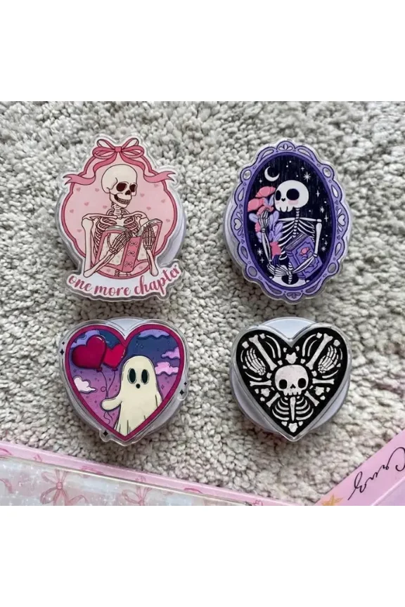 1 Pack Magnet Compatible Acrylic Skeleton Bookish Phone Grip, Aesthetic Just One More Chapter Phone Grip, Gothic Mirror Framed Pastel Skull Phone Stand, Cute Spooky Ghost Heart Holder, Book