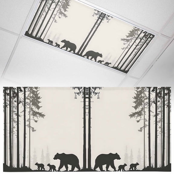 1 Pack Magnetic Fluorescent Light Covers 2x4 Ft, Abstract Forest Walking Bear Silhouette Natural Scenery Magnetic Light Covers for Ceiling Lights Classroom Office Home Decor
