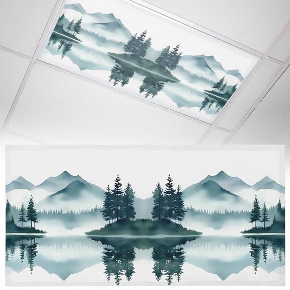 1 Pack Magnetic Fluorescent Light Covers, 2x4 Ft, Abstract Green Mountain Lake Fog Landscape Painting Magnetic Light Covers for Ceiling Lights Classroom Office Home Decor