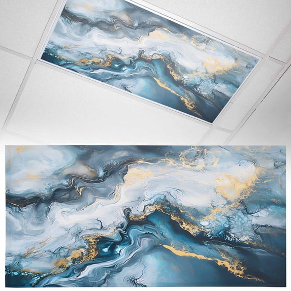 1 Pack Magnetic Fluorescent Light Covers, 2x4 Ft, Abstract Marble Gradient Blue Gold White Texture Magnetic Light Covers for Ceiling Lights Classroom Office Home Decor