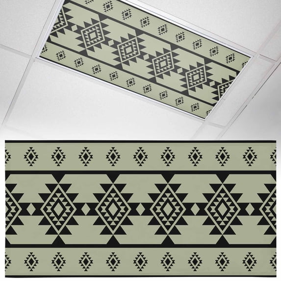 1 Pack Magnetic Fluorescent Light Covers, 2x4 Ft, Aztec Triangle Pattern Green Black Western Tribal Magnetic Light Covers for Ceiling Lights Classroom Office Home Decor