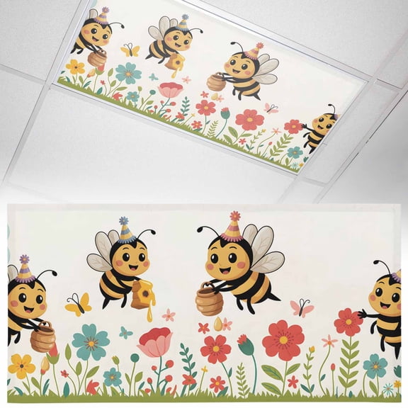1 Pack Magnetic Fluorescent Light Covers, 2x4 Ft, Bee Watering Flower Cartoon Floral Sun Cloud Smile Magnetic Light Covers for Ceiling Lights Classroom Office Home Decor