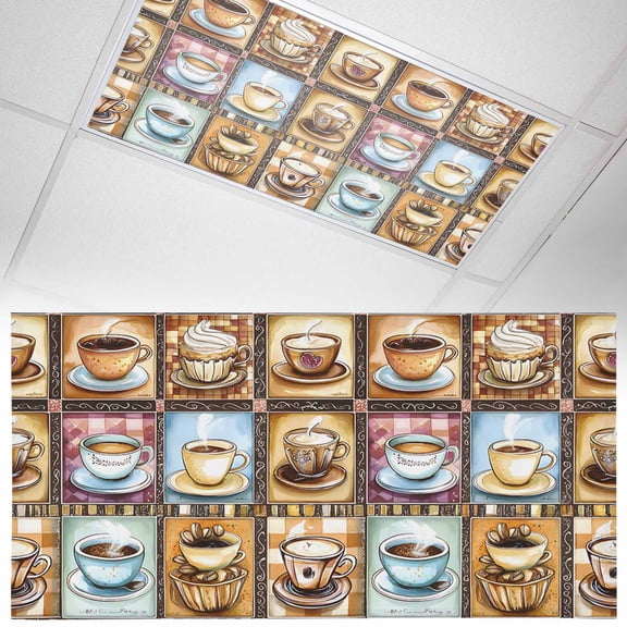 1 Pack Magnetic Fluorescent Light Covers 2x4 Ft, Coffee Cup Theme Vintage Plaid Patchwork Farmhouse Magnetic Light Covers for Ceiling Lights Classroom Office Home Decor