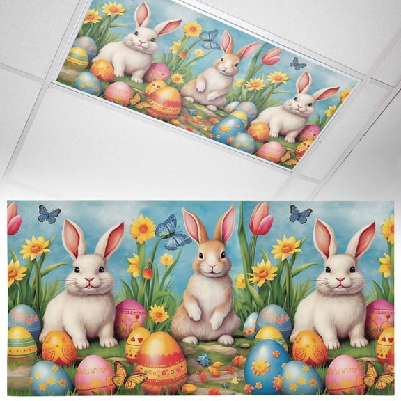 1 Pack Magnetic Fluorescent Light Covers, 2x4 Ft, Easter Bunny Eggs Spring Flower Blue Butterfly Green Grass Magnetic Light Covers for Ceiling Lights Classroom Office Home Decor