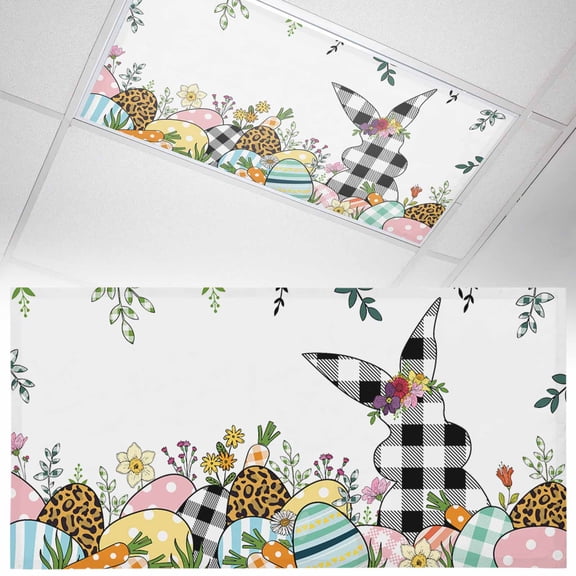 1 Pack Magnetic Fluorescent Light Covers, 2x4 Ft, Easter Spring Bunny Eggs Plaid Rabbit Watercolor Flower Leaf Magnetic Light Covers for Ceiling Lights Classroom Office Home Decor