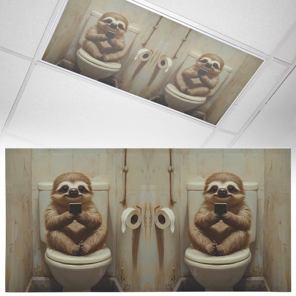1 Pack Magnetic Fluorescent Light Covers 2x4 Ft, Funny Animal Sloth Sitting on Toilet Sloth Playing Phone Magnetic Light Covers for Ceiling Lights Classroom Office Home Decor