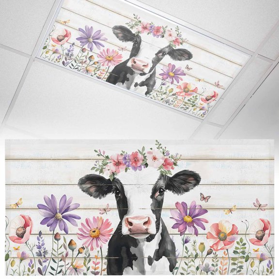 1 Pack Magnetic Fluorescent Light Covers 2x4 Ft, Funny Cow Rustic Farmhouse Animal Flowers White Wood Grain Magnetic Light Covers for Ceiling Lights Classroom Office Home Decor
