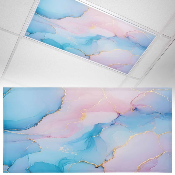 1 Pack Magnetic Fluorescent Light Covers, 2x4 Ft, Light Pink Blue Marble Modern Art Abstract Gold Texture Ombre Magnetic Light Covers for Ceiling Lights Classroom Office Home Decor