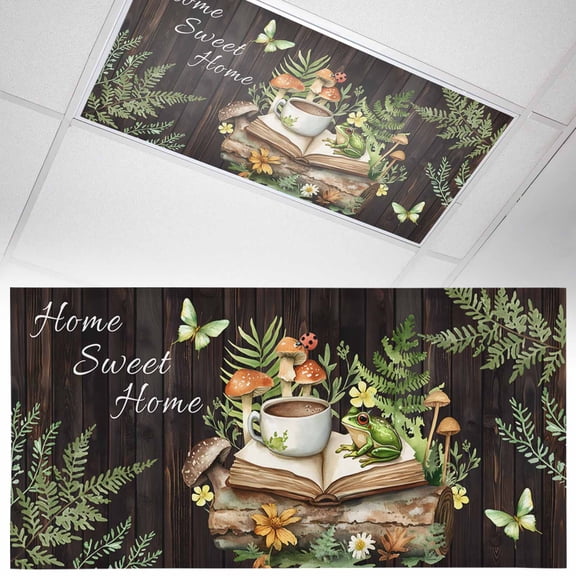 1 Pack Magnetic Fluorescent Light Covers 2x4 Ft, Pastoral Plant Home Sweet Frog Butterfly Coffee Book Magnetic Light Covers for Ceiling Lights Classroom Office Home Decor