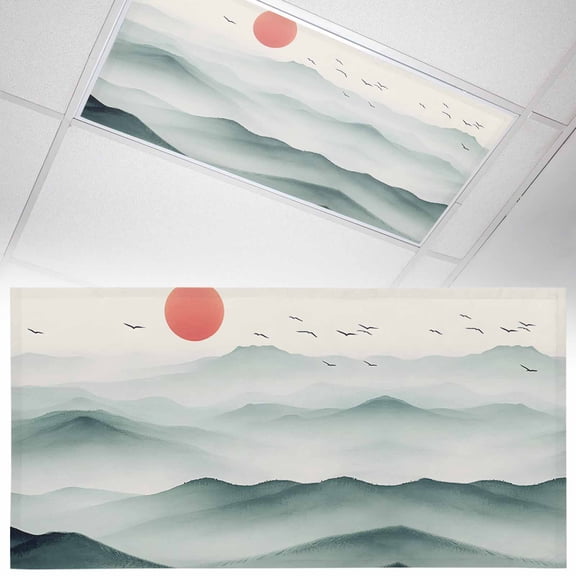 1 Pack Magnetic Fluorescent Light Covers, 2x4 Ft, Peaks Sun Scenery Bird Gradient Mountain Fog Magnetic Light Covers for Ceiling Lights Classroom Office Home Decor