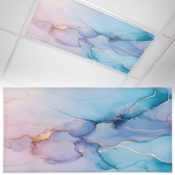 1 Pack Magnetic Fluorescent Light Covers, 2x4 Ft, Pink Blue Marble Fluid Art Abstract Gold Foil Modern Magnetic Light Covers for Ceiling Lights Classroom Office Home Decor