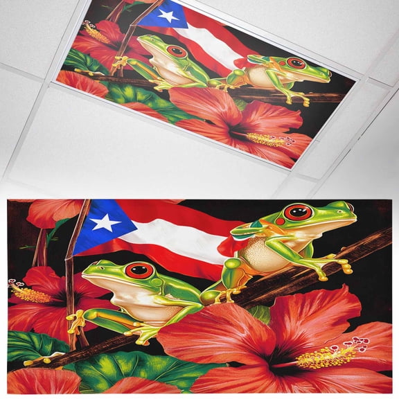 1 Pack Magnetic Fluorescent Light Covers, 2x4 Ft, Puerto Rico Flag Red Althea Floral Green Frog Black Background Magnetic Light Covers for Ceiling Lights Classroom Office Home Decor