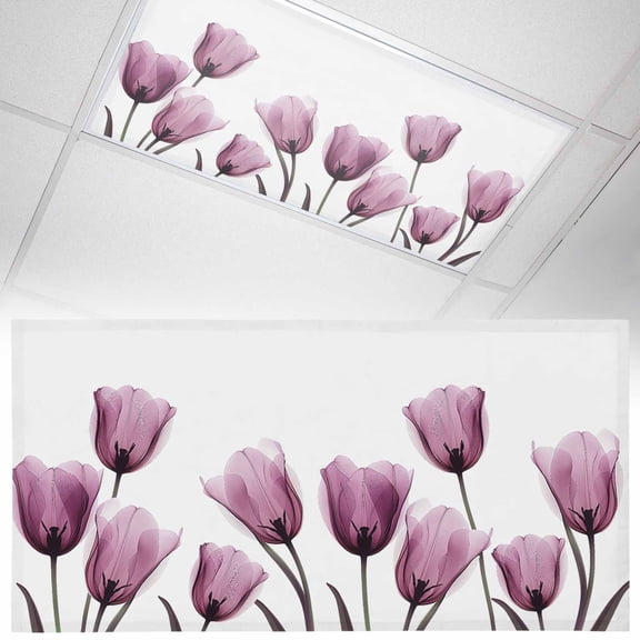 1 Pack Magnetic Fluorescent Light Covers 2x4 Ft, Purple Tulip X-ray Flower Transparent Floral Magnetic Fluorescent Light Covers, Magnetic Light Covers for Ceiling Lights Classroom Office Home Decor