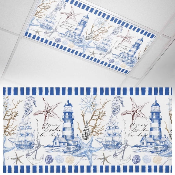 1 Pack Magnetic Fluorescent Light Covers, 2x4 Ft, Retro Lighthouse Ocean Starfish Shell Coral Blue Art Magnetic Light Covers for Ceiling Lights Classroom Office Home Decor