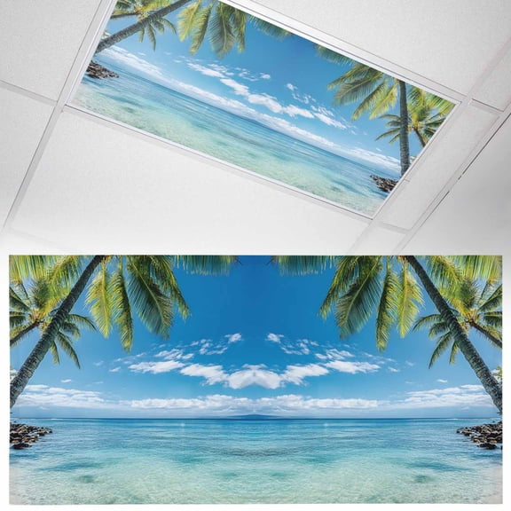 1 Pack Magnetic Fluorescent Light Covers, 2x4 Ft, Summer Beach Landscape Coastal Ocean Palm Tree Blue Cloud Sky Wave Magnetic Light Covers for Ceiling Lights Classroom Office Home Decor
