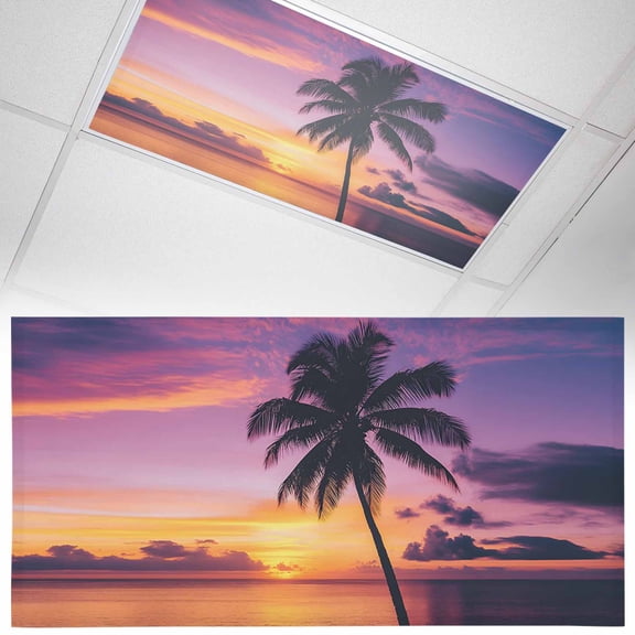 1 Pack Magnetic Fluorescent Light Covers, 2x4 Ft, Summer Beach Sunset Landscape Coastal Ocean Palm Tree Red Cloud Sky Magnetic Light Covers for Ceiling Lights Classroom Office Home Decor