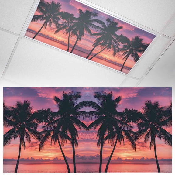 1 Pack Magnetic Fluorescent Light Covers, 2x4 Ft, Summer Beach Sunset Landscape Coastal Ocean Palm Tree Red Cloud Sunlight Magnetic Light Covers for Ceiling Lights Classroom Office Home Decor