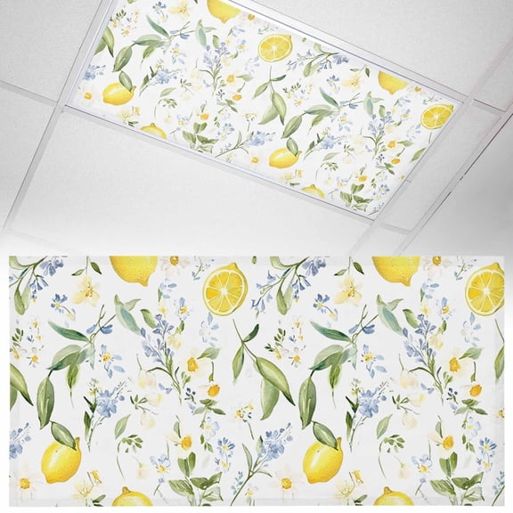 1 Pack Magnetic Fluorescent Light Covers, 2x4 Ft, Summer Lemon with Green Leaf Blue Flowers Botanical Farm Magnetic Light Covers for Ceiling Lights Classroom Office Home Decor
