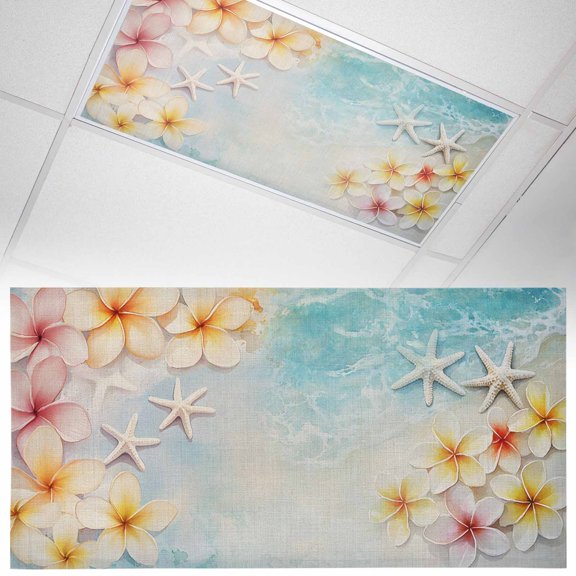 1 Pack Magnetic Fluorescent Light Covers, 2x4 Ft, Summer Ocean Beach Yellow Flowers Starfish Linen Texture Magnetic Light Covers for Ceiling Lights Classroom Office Home Decor
