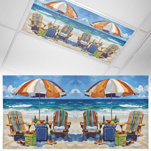 1 Pack Magnetic Fluorescent Light Covers 2x4 Ft, Summer Vacation Ocean Beach Wood Sun Umbrella Magnetic Fluorescent Light Covers, Magnetic Light Covers for Ceiling Lights Classroom Office Home Decor