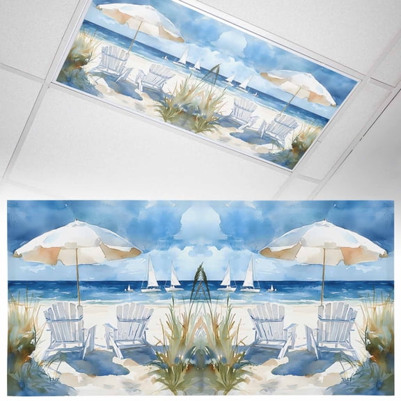 1 Pack Magnetic Fluorescent Light Covers 2x4 Ft, Sun Umbrella Ship Watercolor Beach Chair Summer Beach Magnetic Light Covers for Ceiling Lights Classroom Office Home Decor
