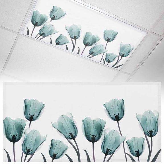 1 Pack Magnetic Fluorescent Light Covers 2x4 Ft, Teal Tulip X-ray Flower Transparent Floral Plant Magnetic Light Covers for Ceiling Lights Classroom Office Home Decor