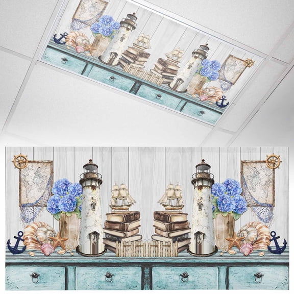 1 Pack Magnetic Fluorescent Light Covers 2x4 Ft, Vintage Lighthouse Anchor Book Map Hydrangea Starfish Shell Magnetic Light Covers for Ceiling Lights Classroom Office Home Decor