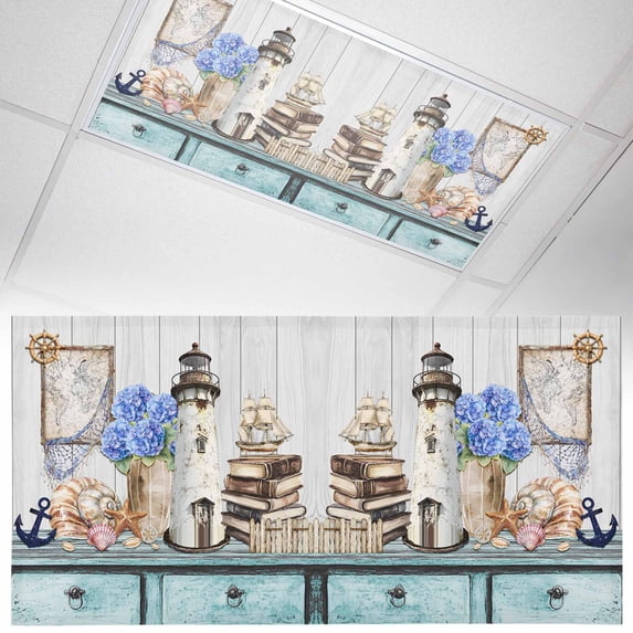 1 Pack Magnetic Fluorescent Light Covers 2x4 Ft, Vintage Lighthouse Anchor Book Map Hydrangea Starfish Shell Magnetic Light Covers for Ceiling Lights Classroom Office Home Decor