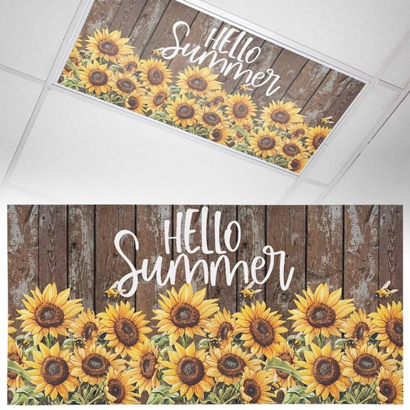 1 Pack Magnetic Fluorescent Light Covers, 2x4 Ft, Vintage Sunflower Hello Summer Floral Wood Grain Magnetic Light Covers for Ceiling Lights Classroom Office Home Decor