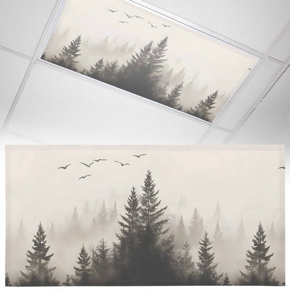 1 Pack Magnetic Fluorescent Light Covers, 2x4 Ft, Watercolor Forest Bird Retro Obscure Landscape Magnetic Light Covers for Ceiling Lights Classroom Office Home Decor