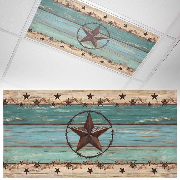 1 Pack Magnetic Fluorescent Light Covers 2x4 Ft, Western Texas Star Retro Turquoise Wooden Rustic Farmhouse Magnetic Light Covers for Ceiling Lights Classroom Office Home Decor