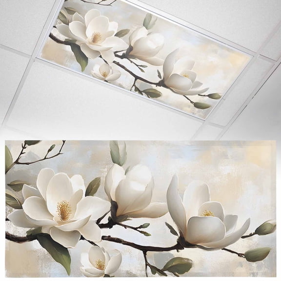 1 Pack Magnetic Fluorescent Light Covers, 2x4 Ft, White Floral Magnolia Flowers Retro Leaf Branch Magnetic Light Covers for Ceiling Lights Classroom Office Home Decor